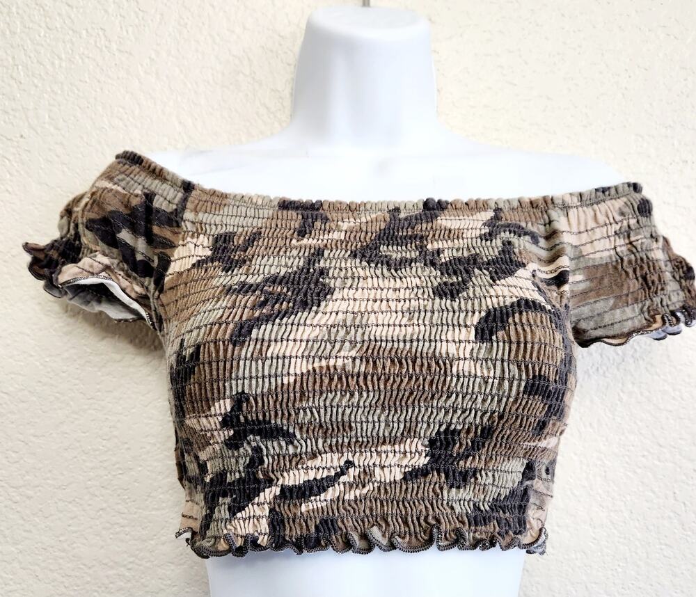 Better Be Green Brown Camo Print Off The Shoulder Cropped Top Medium Lightweight